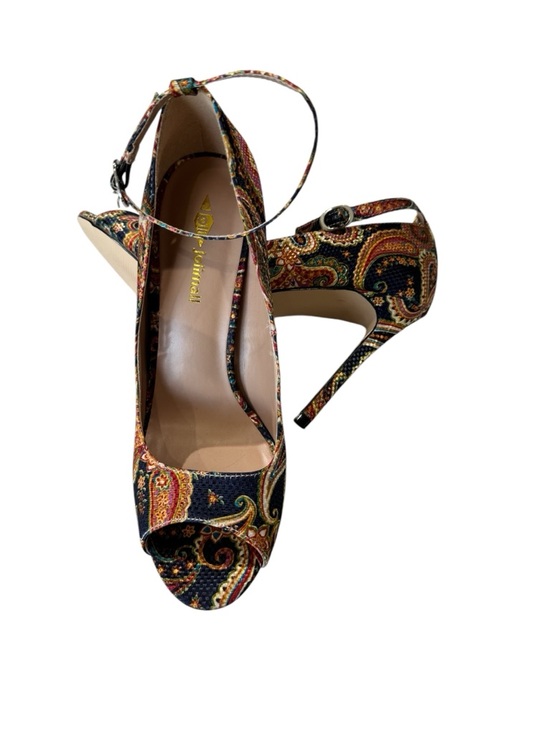 JoliMall Shoes - Jolimall Paisley Blue Yellow Orange Pink Ankle-Strap Peep-Toe Heels Size 9